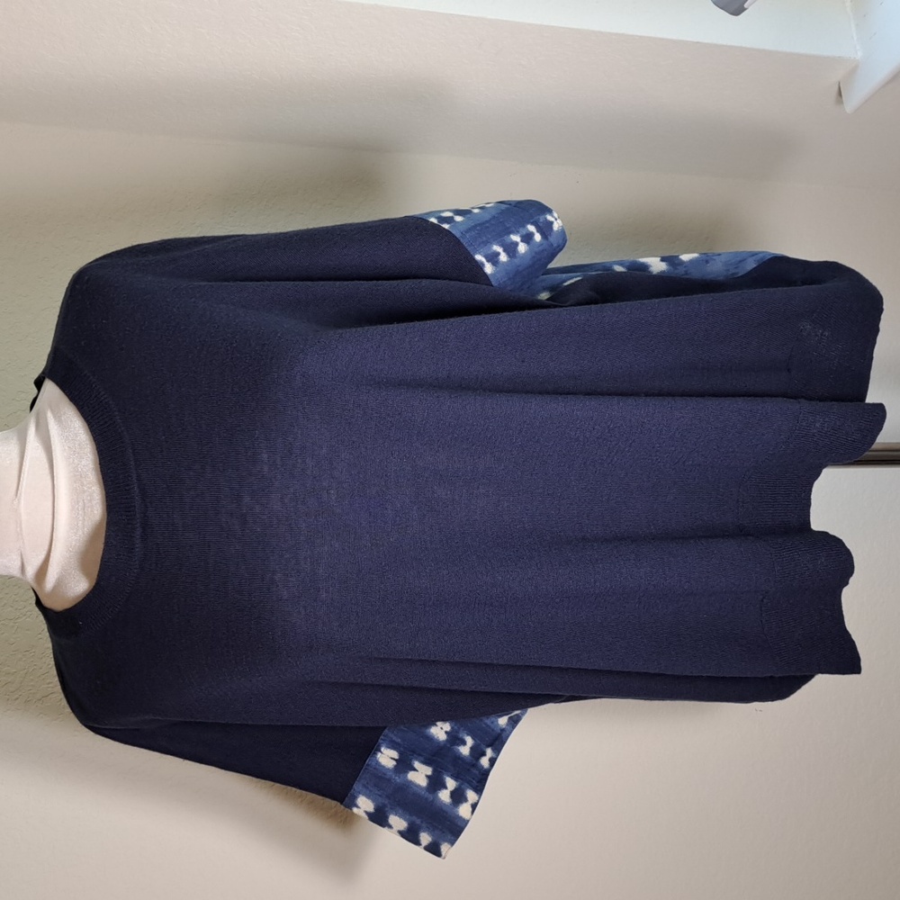 J. Crew Top Navy Blue Faded Adire Med Combo Sweater Wool Linen Cotton Oversized